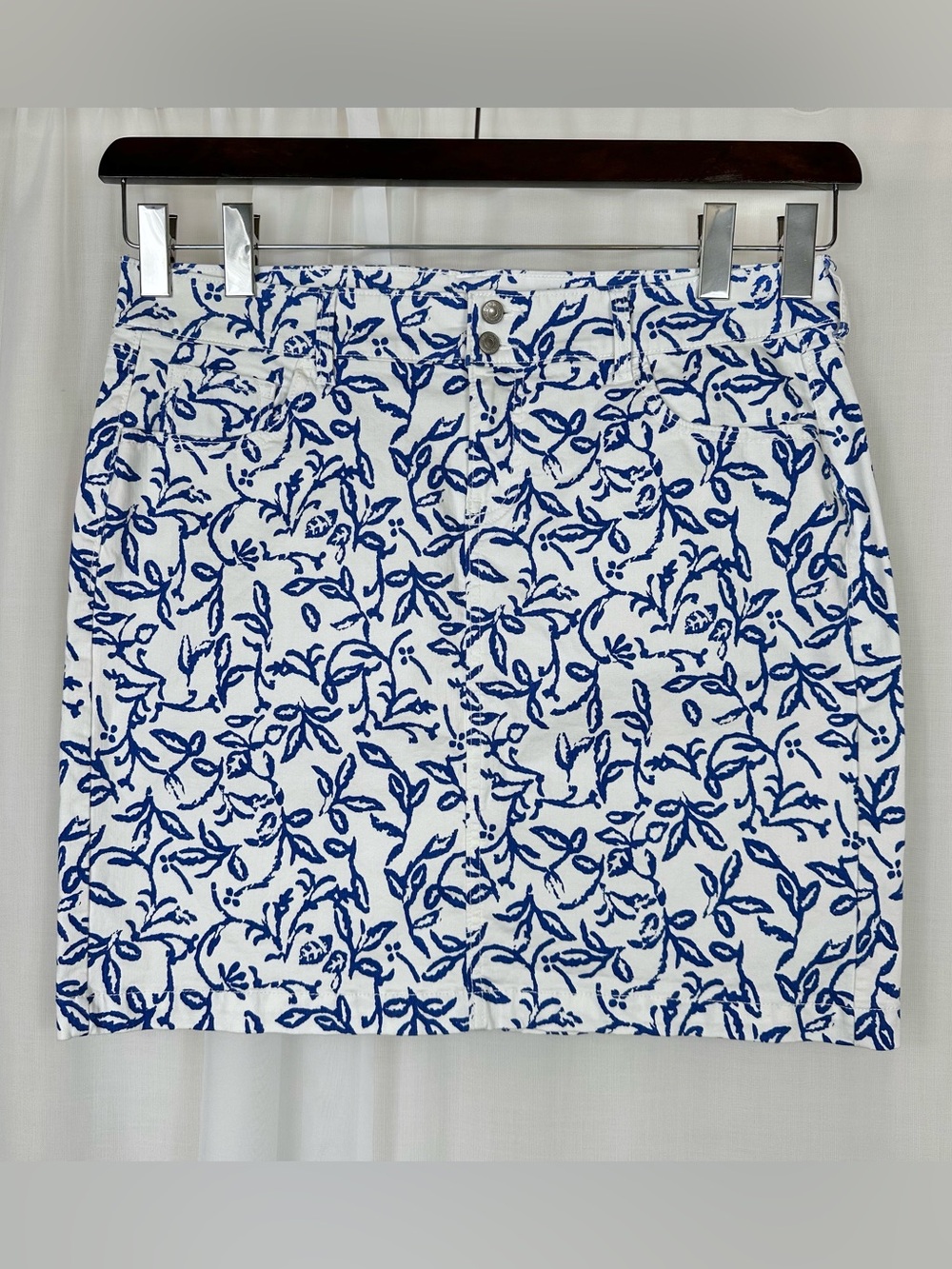 Old Navy Womens Denim Pencil Skirt 16 Blue White Floral Leaf Print Stretchy Jean